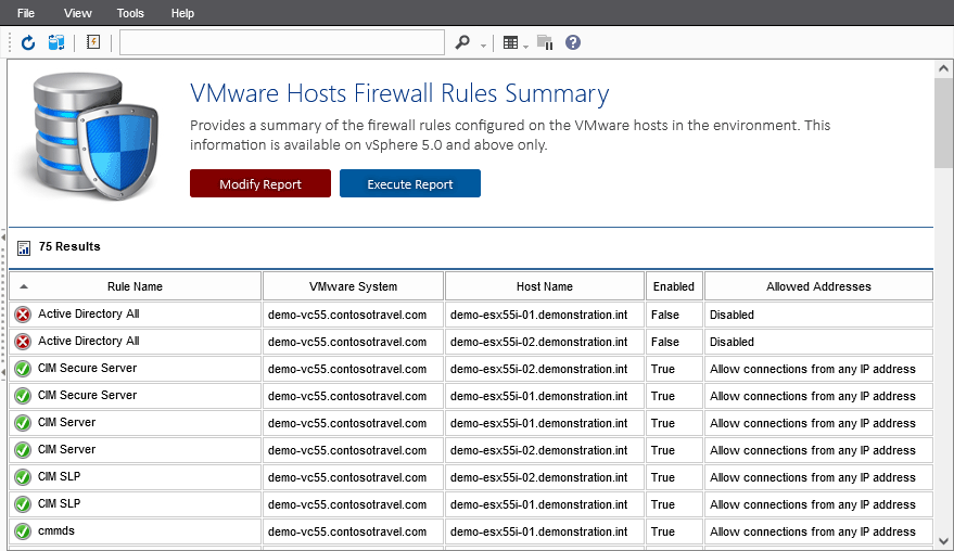 Screenshot of the VMware Hosts Firewall Rules Summary report in the XIA Configuration web interface