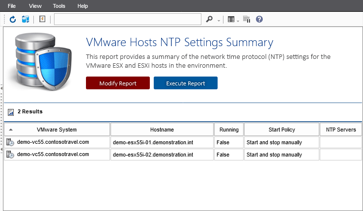 Screenshot of the VMware Hosts NTP Settings Summary report in the XIA Configuration web interface