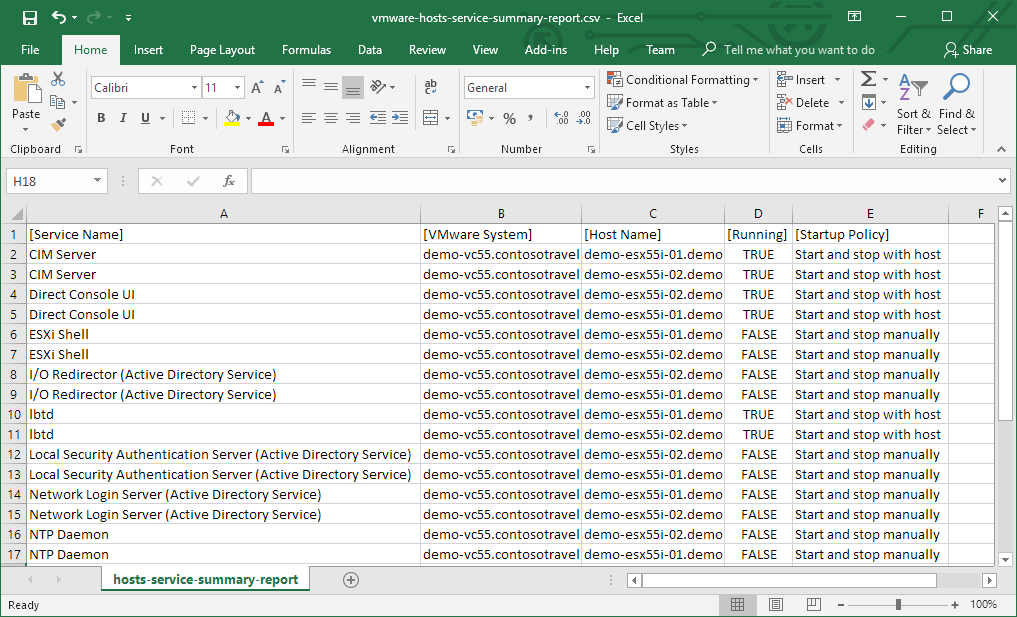 Screenshot of the VMware Hosts Service Summary report in a CSV file generated by XIA Configuration