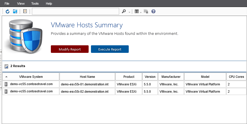 Screenshot of the VMware Hosts Summary report in the XIA Configuration web interface