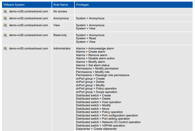 Screenshot of the VMware Security Roles report in a document generated by XIA Configuration