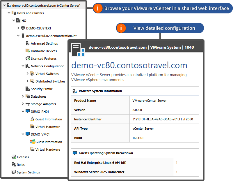 Screenshot of the VMware navigation tree and system information in the XIA Configuration web interface