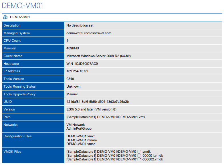 Screenshot of the Virtual Machines Detailed Summary report in a document generated by XIA Configuration