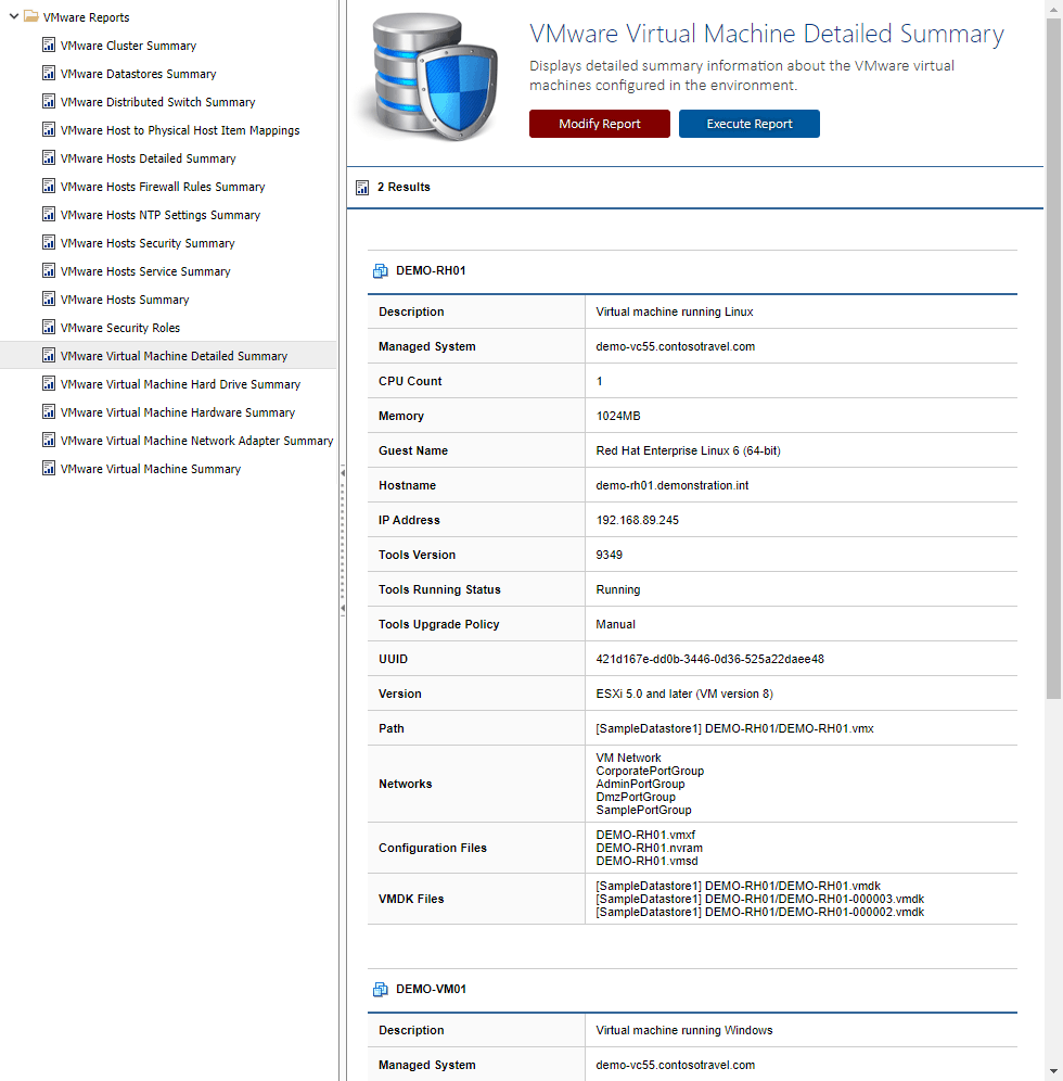 Screenshot of the VMware virtual machine detailed summary report in the XIA Configuration web interface