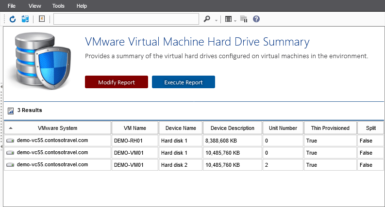 Screenshot of the Virtual Machine Hard Drive Summary report in the XIA Configuration web interface