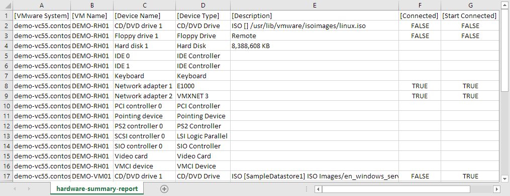 Screenshot of the Virtual Machine Hardware Summary report in a CSV file generated by XIA Configuration