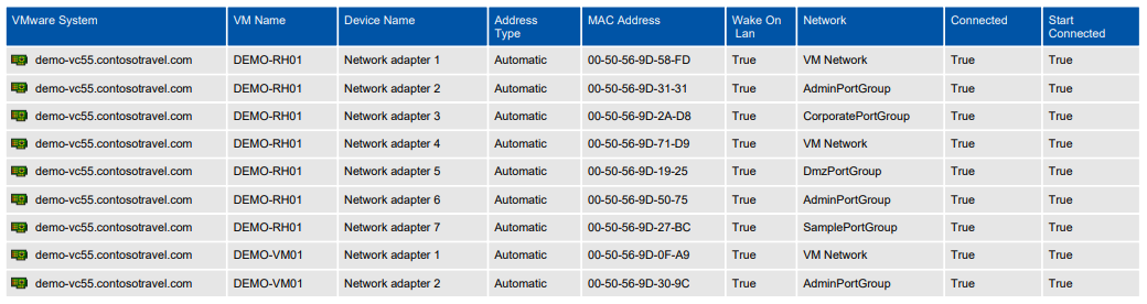 Screenshot of the Virtual Machine Network Adapter Summary report in a document generated by XIA Configuration