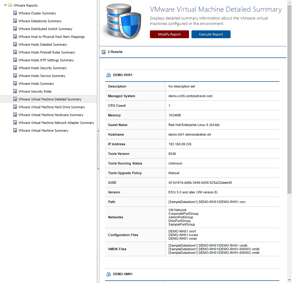 Screenshot showing VMware reports in the XIA Configuration web interface
