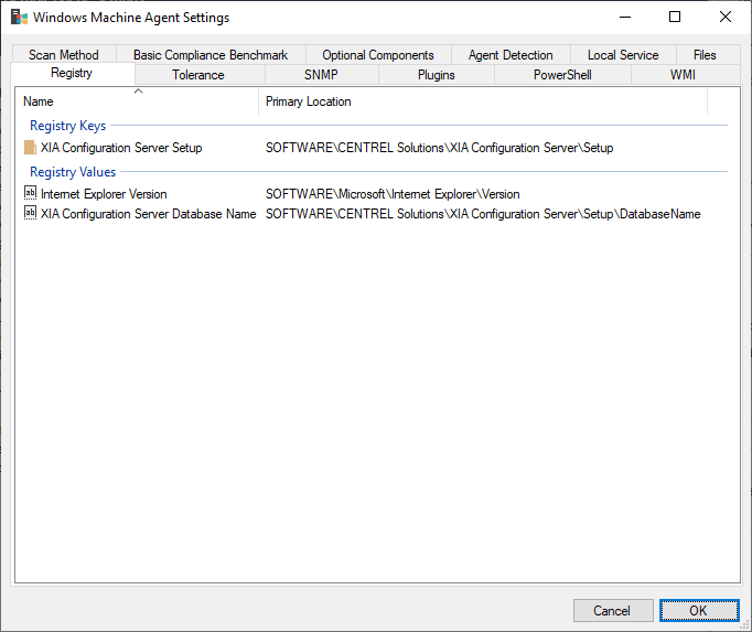 Screenshot of the Windows Machine Registry Settings in the XIA Configuration Client