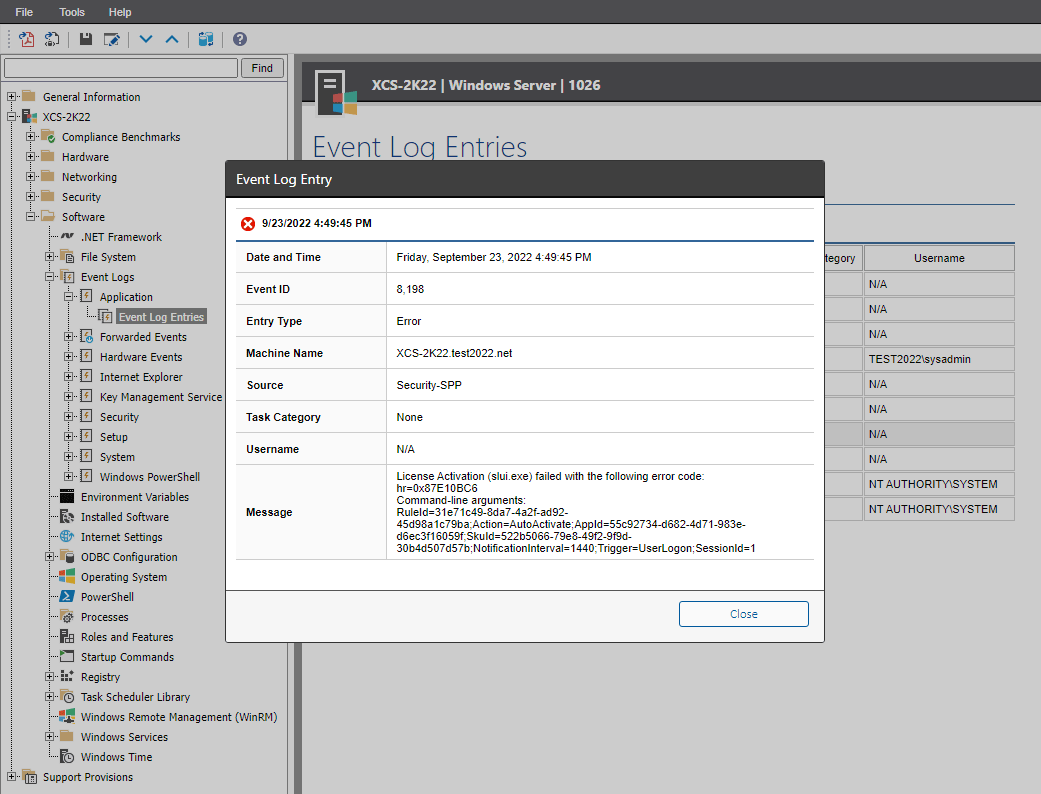 Screenshot showing an event log entry in the XIA Configuration web interface