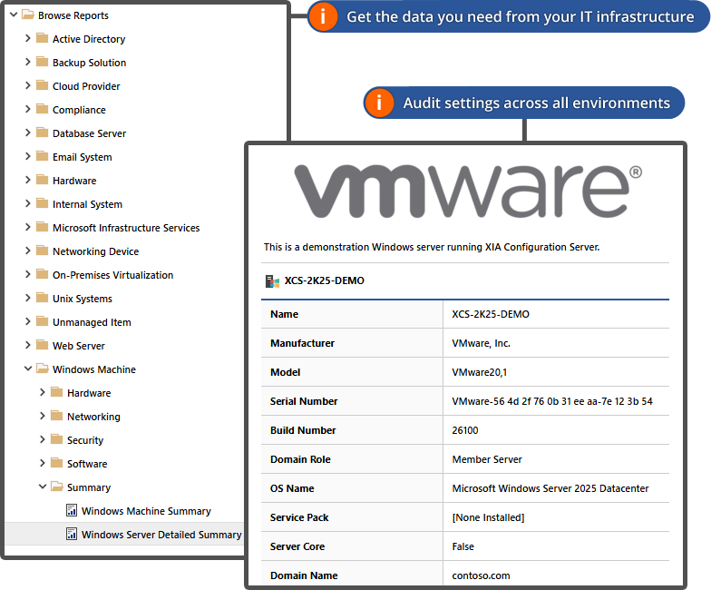 A screenshot of the Windows server detailed summary report output in XIA Configuration's web interface