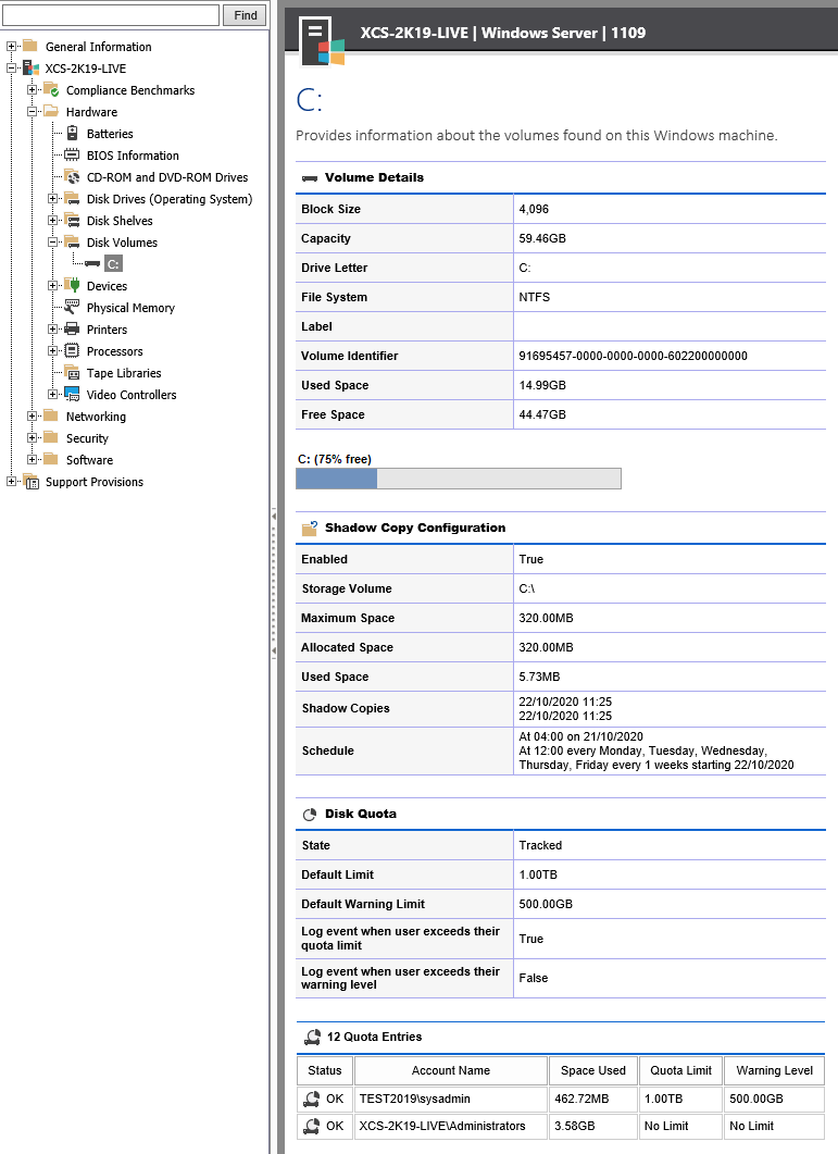 Screenshot showing Disk Volume information in the XIA Configuration web interface
