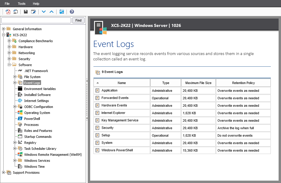 Screenshot showing Windows event logs in the XIA Configuration web interface