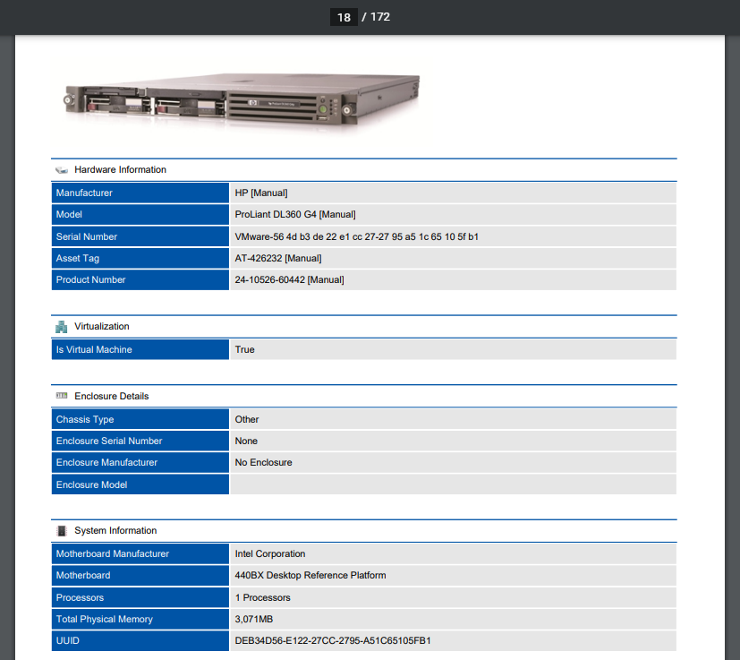 Screenshot of the Windows machine Hardware Summary in a document generated by XIA Configuration