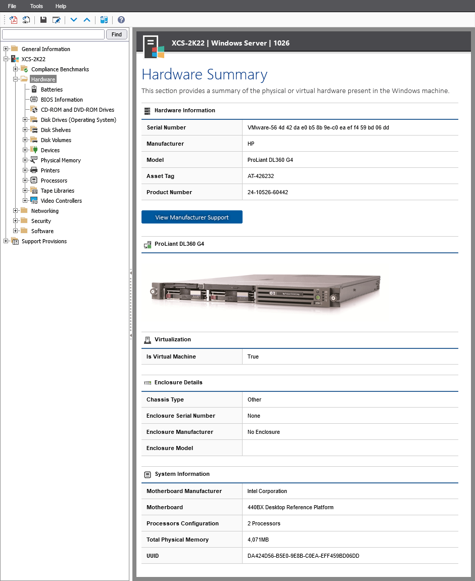 Screenshot of the Windows machine Hardware Summary in the XIA Configuration web interface