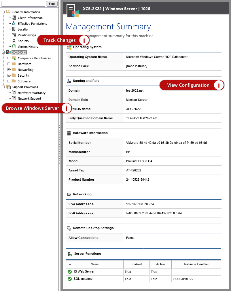 A screenshot showing a Windows machine management summary