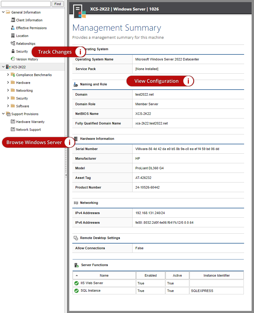 A screenshot showing a Windows machine management summary