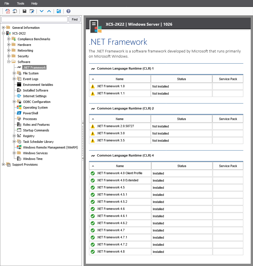 Screenshot showing .NET Framework versions installed in the XIA Configuration web interface