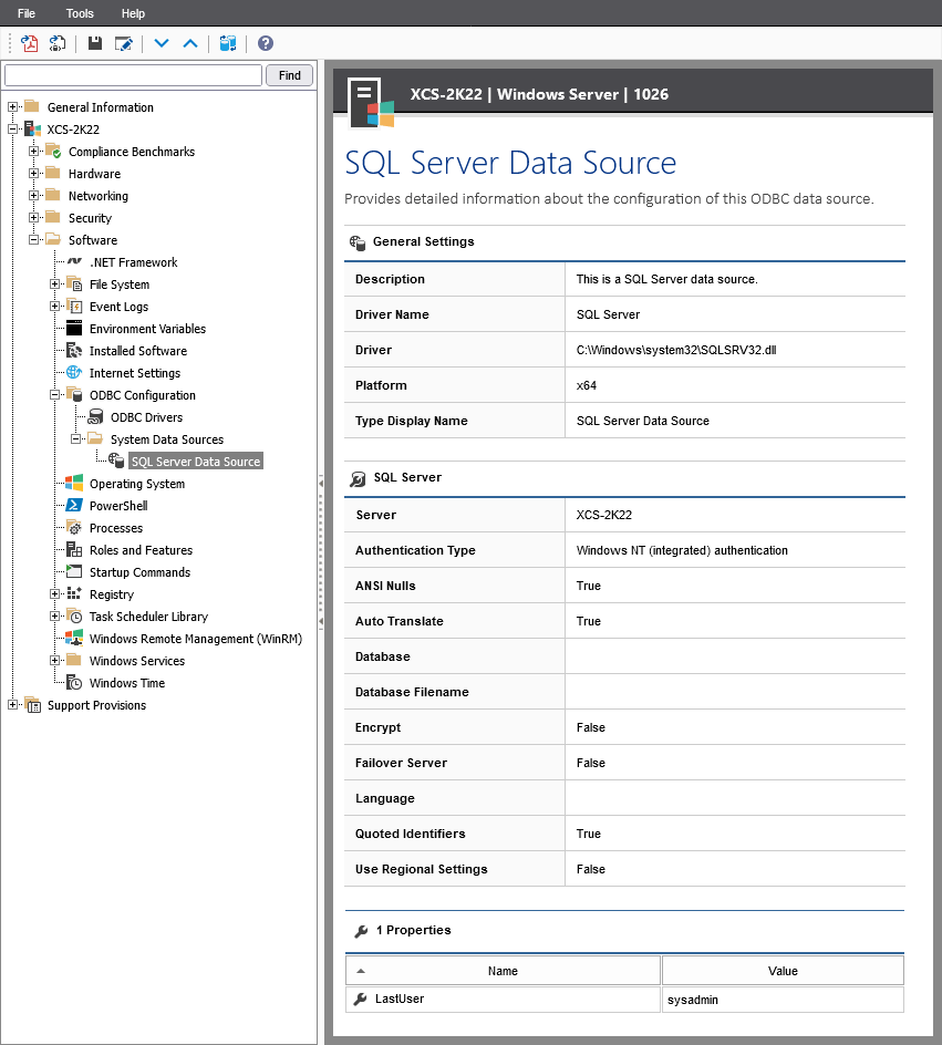 Screenshot of ODBC data source settings in the XIA Configuration web interface