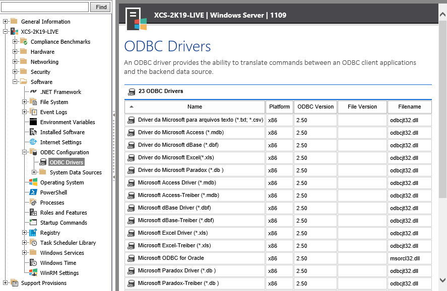 Screenshot of ODBC drivers in the XIA Configuration web interface