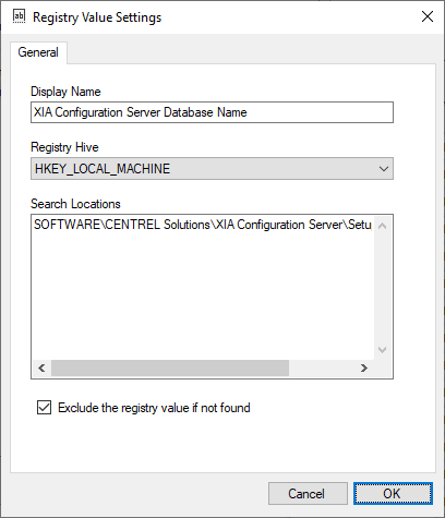 Screenshot of the Registry Value Settings in the XIA Configuration Client
