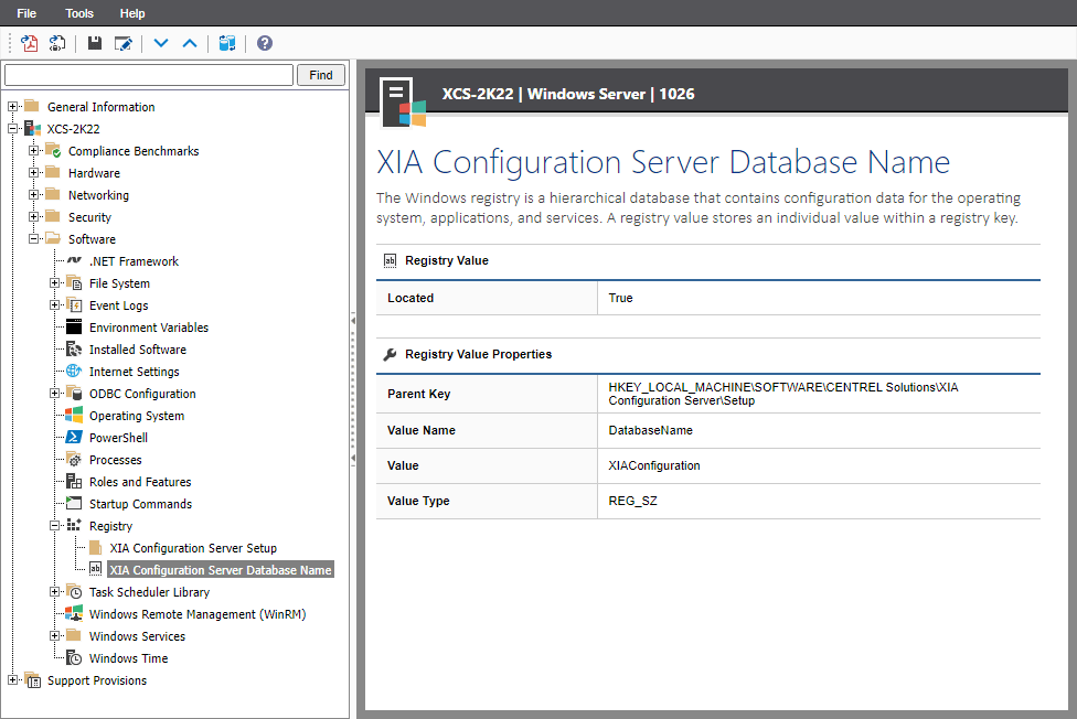 Screenshot of Windows Registry Value information in the XIA Configuration web interface