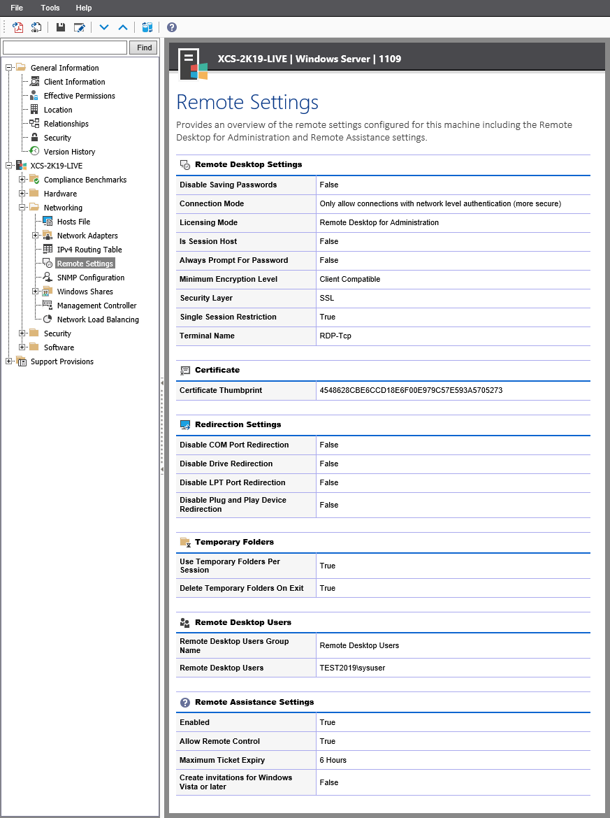 Screenshot showing Remote Desktop and Remote Assistance settings in the XIA Configuration web interface