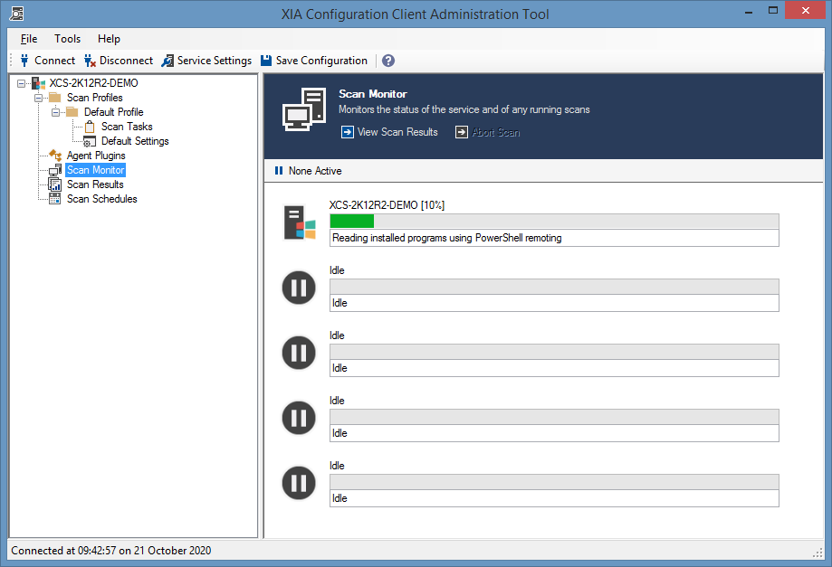 Screenshot showing installed programs being scanned by the XIA Configuration Client