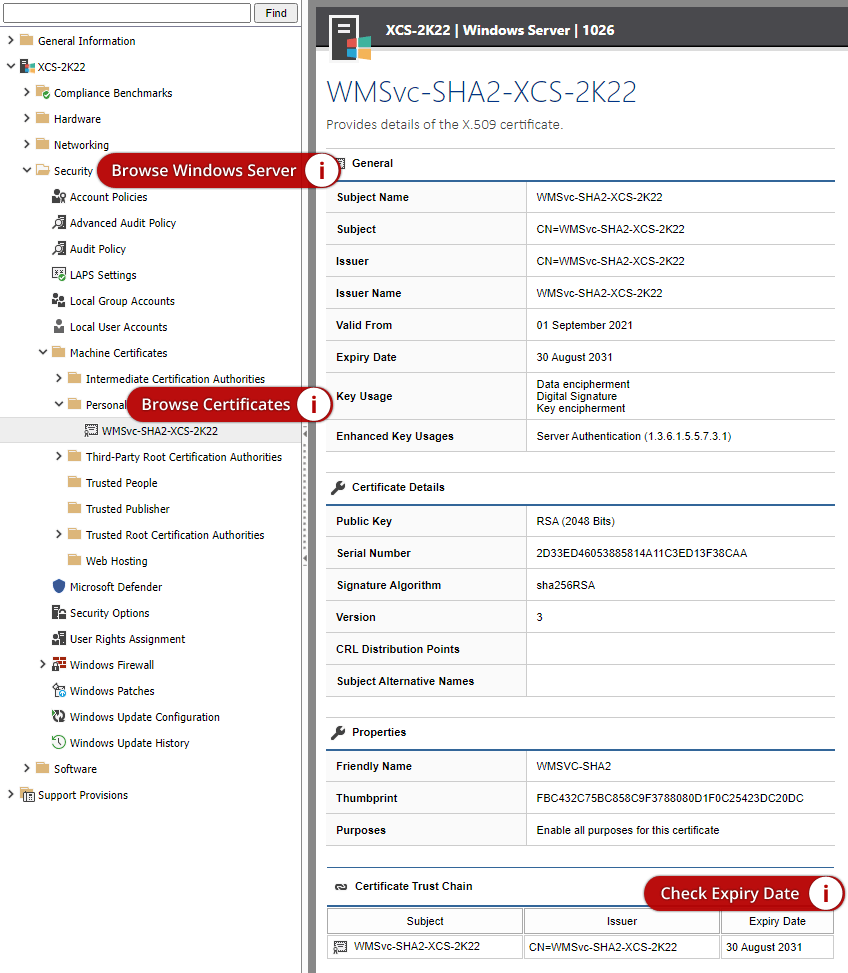 Screenshot showing SSL certificate expiration date in the XIA Configuration web interface