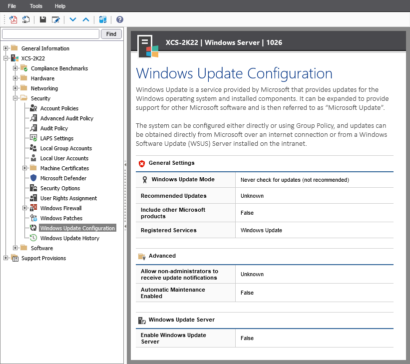 Screenshot of Windows Update settings in the XIA Configuration web interface