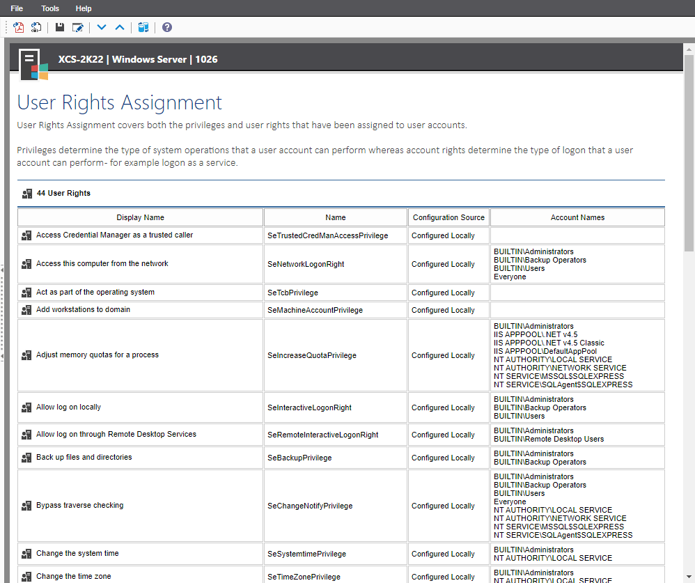 Screenshot showing User Rights Assignment settings in the XIA Configuration web interface
