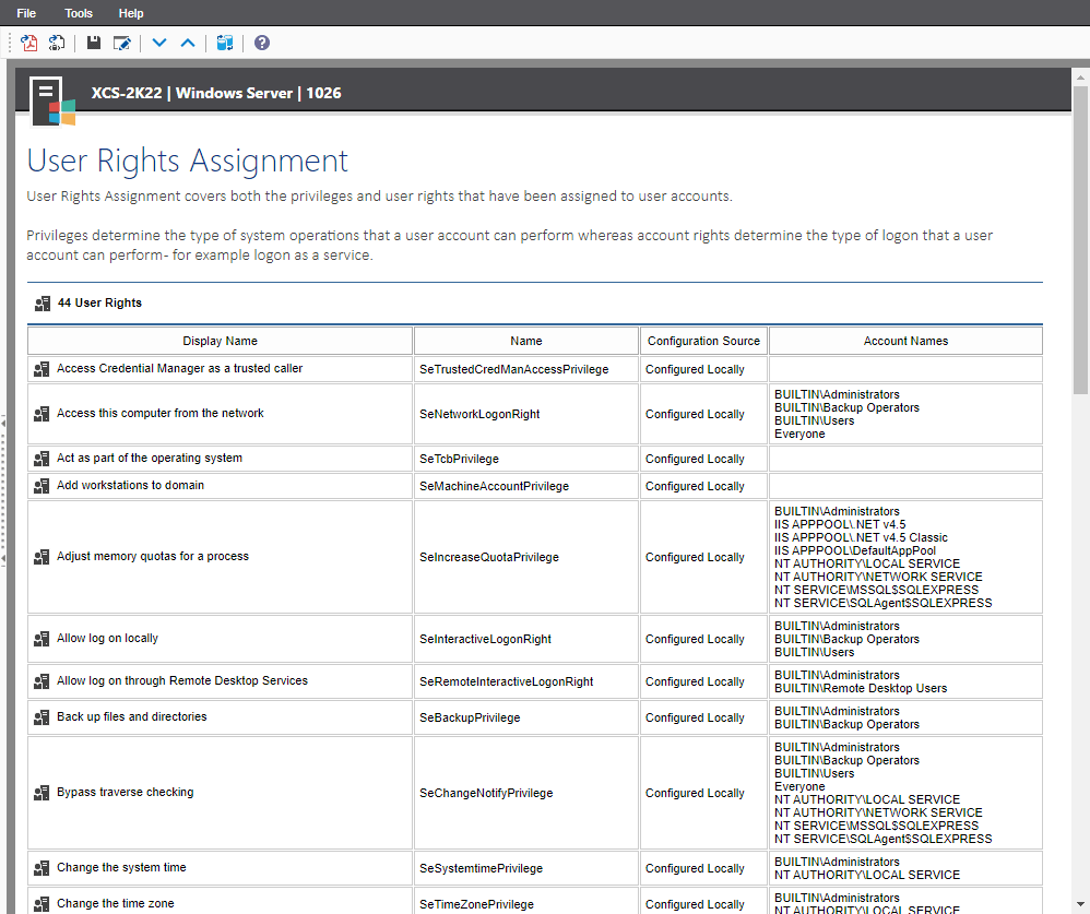 user rights assignment server 2016