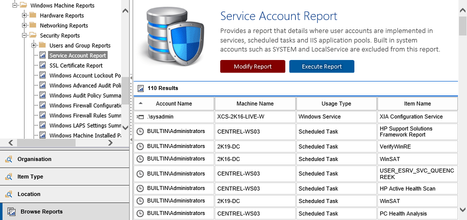 Screenshot of the Service Account Report output in the XIA Configuration web interface
