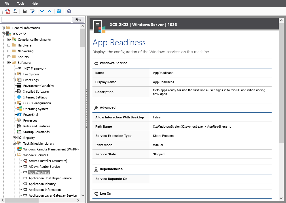Screenshot of a Windows Service in the XIA Configuration web interface