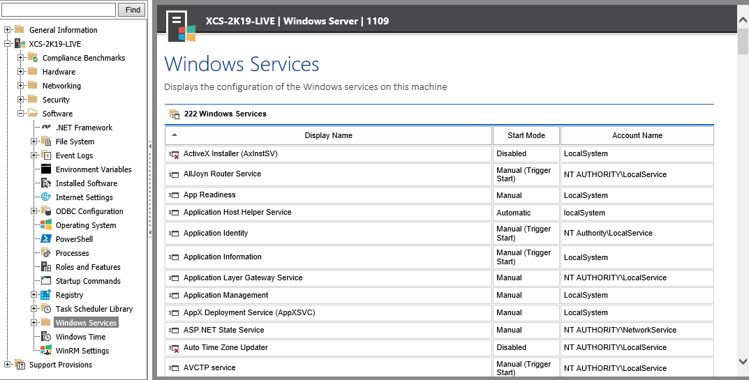 Screenshot of Windows Services in the XIA Configuration web interface
