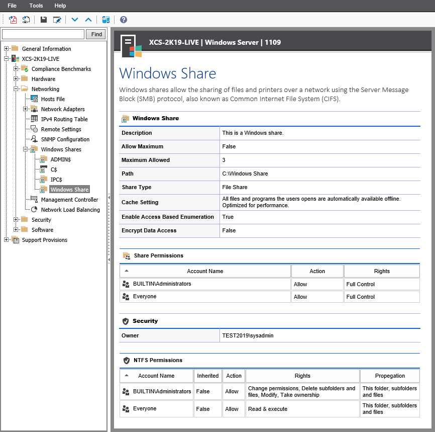 Screenshot of Windows share properties in the XIA Configuration web interface