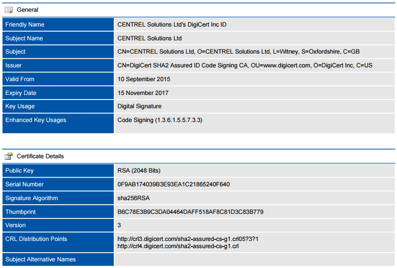 Screenshot of SSL certificate data in a document generated by XIA Configuration