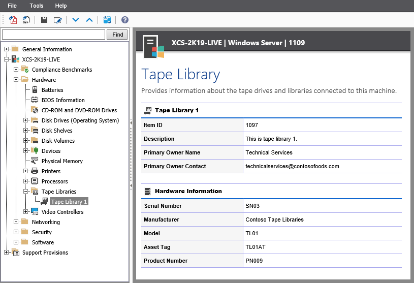 Screenshot showing Tape Library information in the XIA Configuration web interface