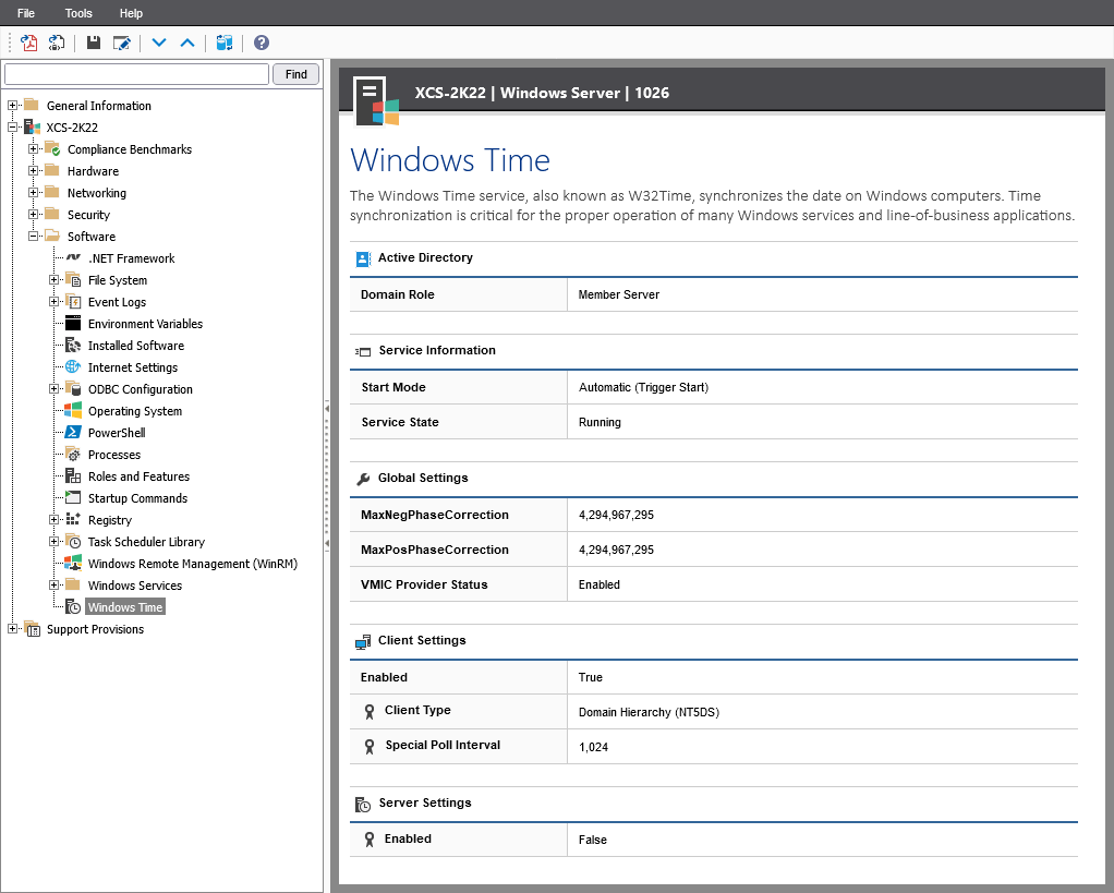 Screenshot of Windows Time service settings in the XIA Configuration web interface
