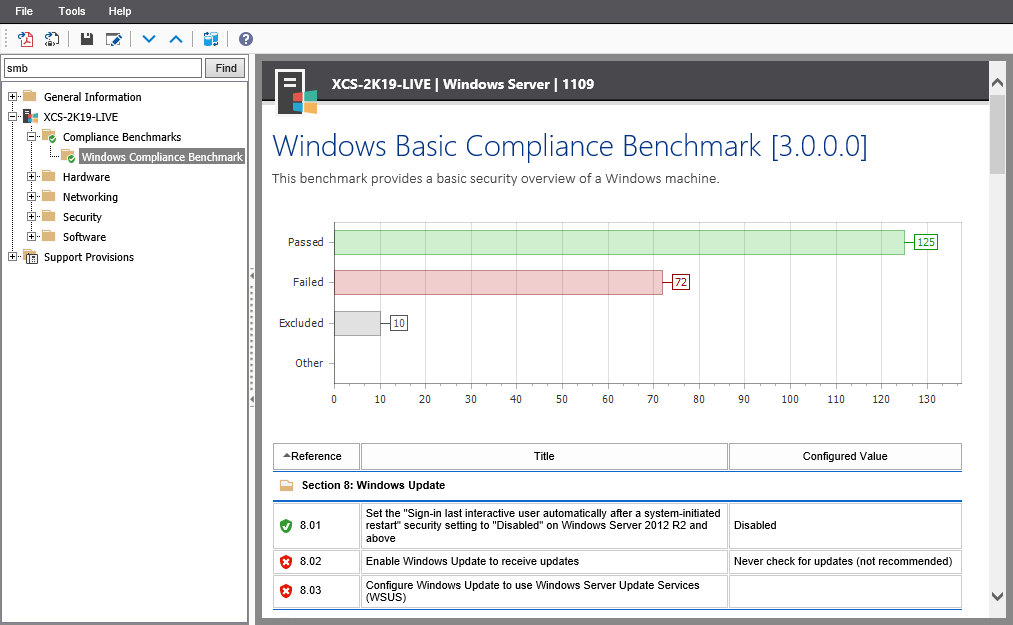 Screenshot of the Windows Update compliance benchmark results in the XIA Configuration web interface