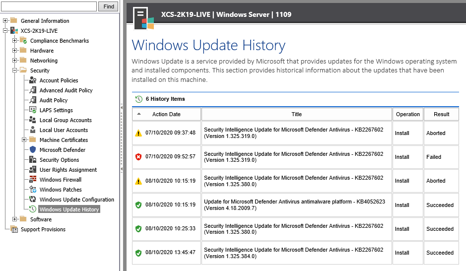 A screenshot showing Windows update history