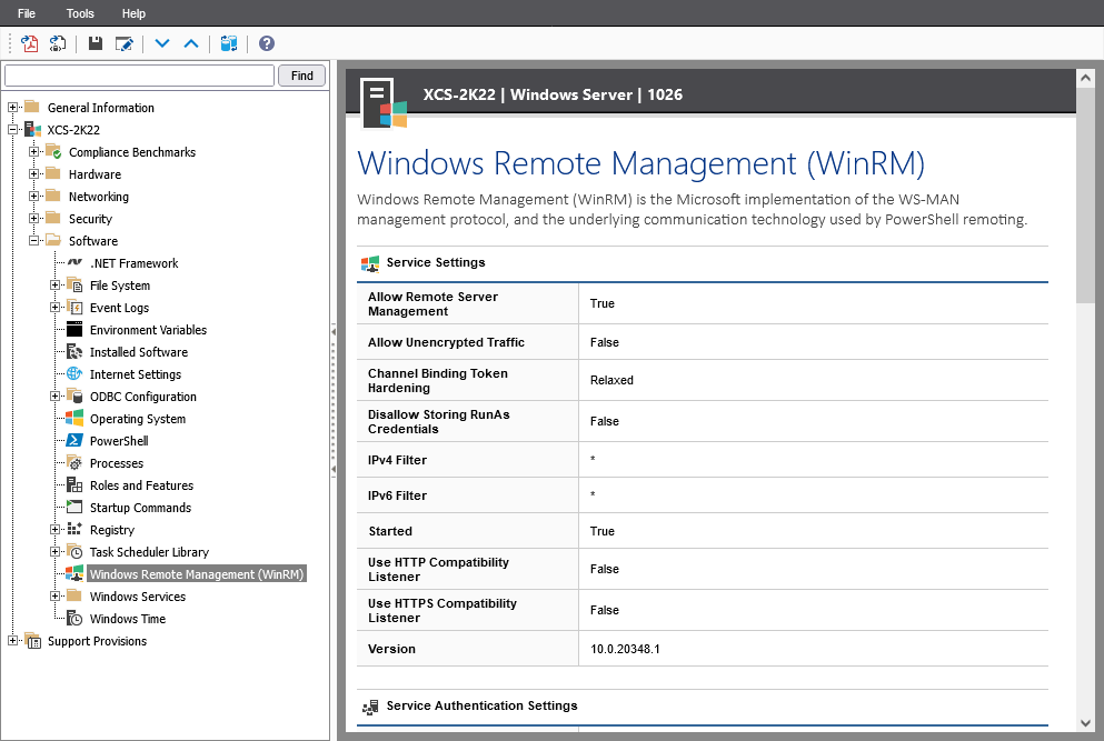 Screenshot showing WinRM Settings in the XIA Configuration web interface