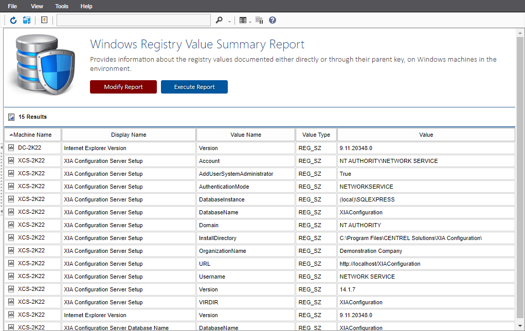 Screenshot of the Windows Registry Value Summary Report output in the XIA Configuration web interface