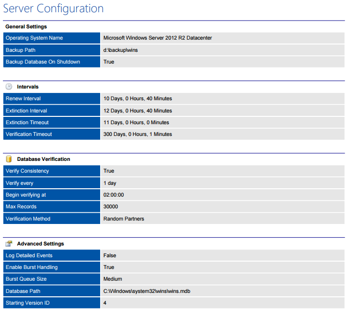 Screenshot showing server settings in a document generated by XIA Configuration