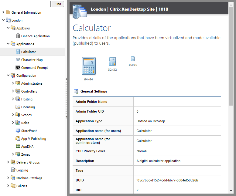 Screenshot of published application settings in the XIA Configuration web interface
