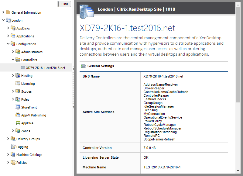 Screenshot showing delivery controller details in the XIA Configuration web interface