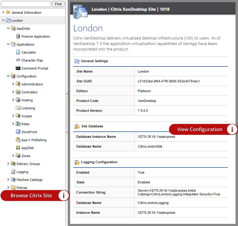 Screenshot of the navigation tree and Citrix XenDesktop site general settings in the XIA Configuration web interface