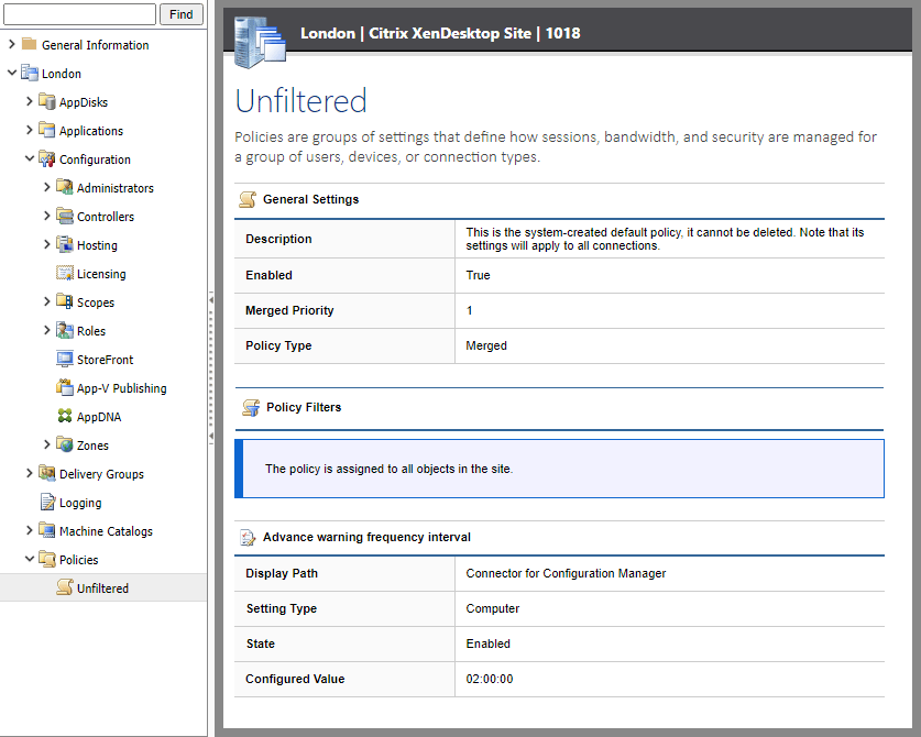 Screenshot of XenDesktop policy settings in the XIA Configuration web interface
