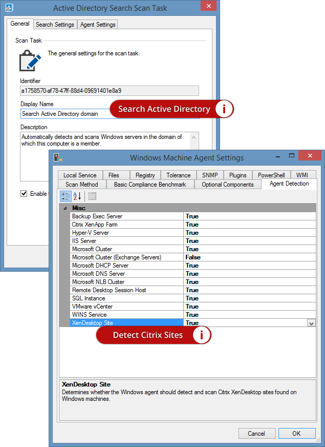 Screenshot of Active Directory search and detection settings in the XIA Configuration Client