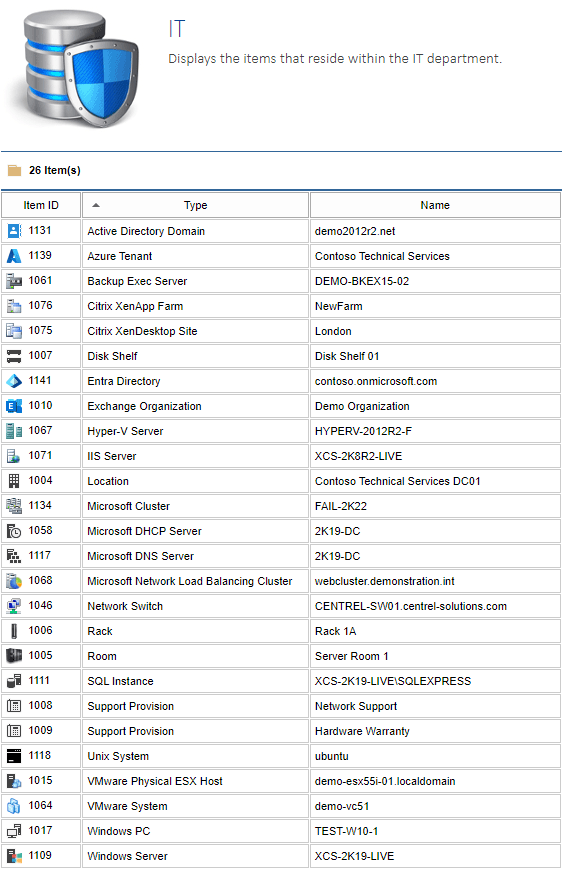 Screenshot showing the systems supported by our IT documentation tool XIA Configuration